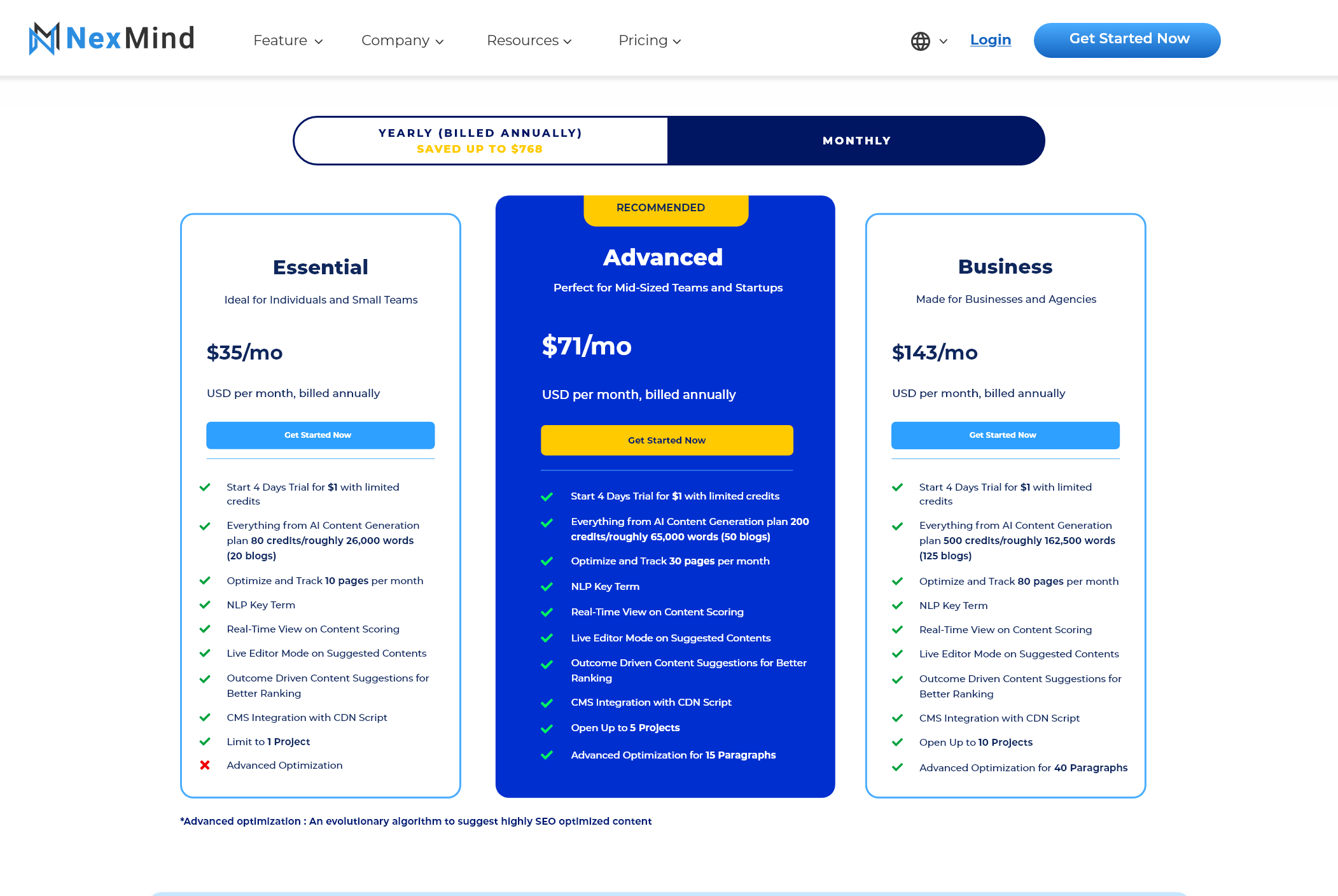 NexMind Pricing page