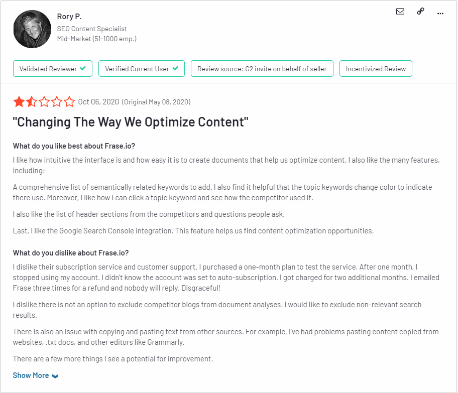 Customer review for Frase.io